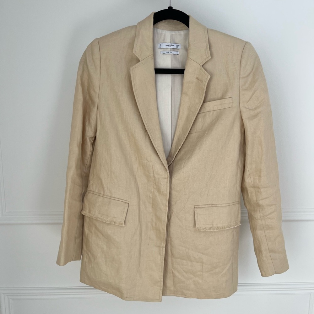 Mango Neutral Beige Linen Single-Breasted Blazer